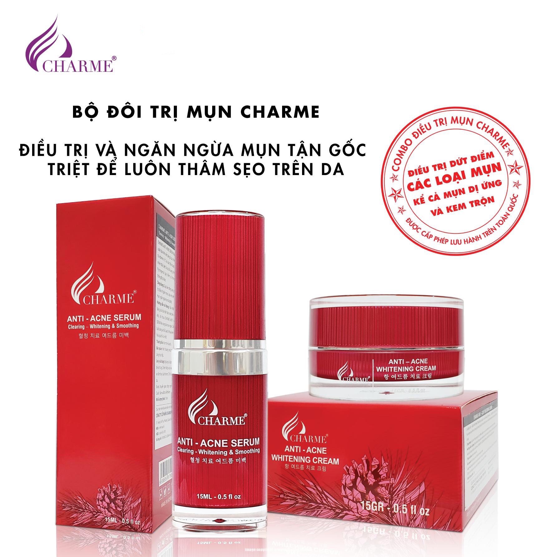 Combo Kem và Serum Trị Mụn Trắng Da Thông Đỏ Charme Anti Acne