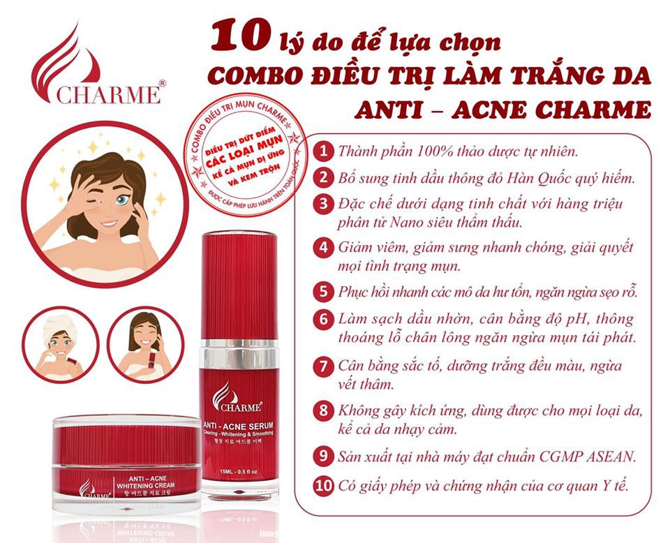 Combo Kem và Serum Trị Mụn Trắng Da Thông Đỏ Charme Anti Acne